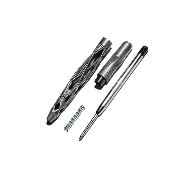 Exploded view of Virga pen components: lattice body, cap, refill, spring mechanism